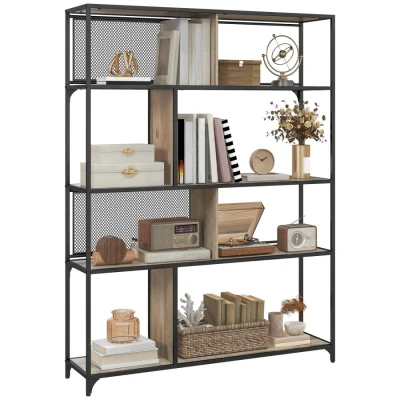 Image of HOMCOM 5 Tier Book Shelf with Sliding Mesh Doors, Industrial Storage Shelves, Metal Shelving Unit for Living Room, Study, Bedroom, Grey Wood Grain
