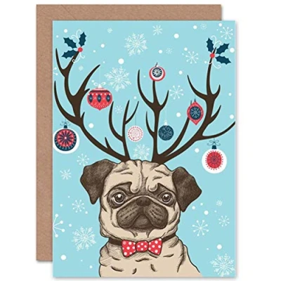 Image of Wee Blue Coo Christmas Ornaments Antlers Pug Dog Cute Sealed Greeting Card Plus Envelope Blank inside
