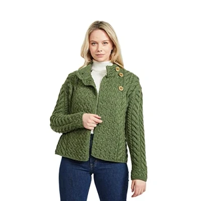 Image of Aran Woollen Mills Supersoft Merino Wool Ladies Cardigan (Large, Green)