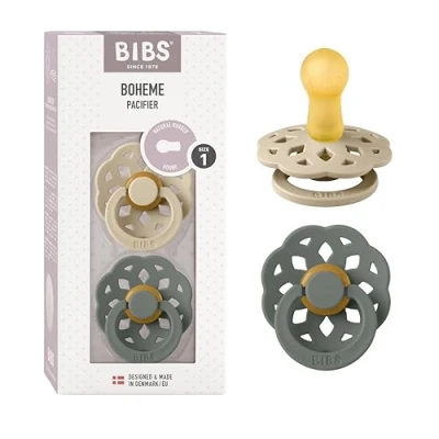 Image of BIBS Boheme Soother 2 Pack. BPA Free Dummy Pacifier, Round Nipple. Natural Rubber Latex, Made in Denmark, Size 1 (0 6 Months), Vanilla/Pine