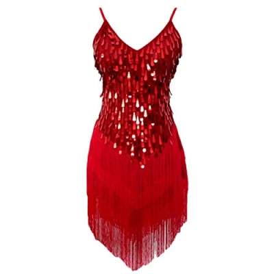 Image of Grouptap Womens flapper gatsby sequin tassel ballroom dance sling skirt red latin salsa tango samba cha rumba dress size 6/8/10/12 (Red, UK 6 12)