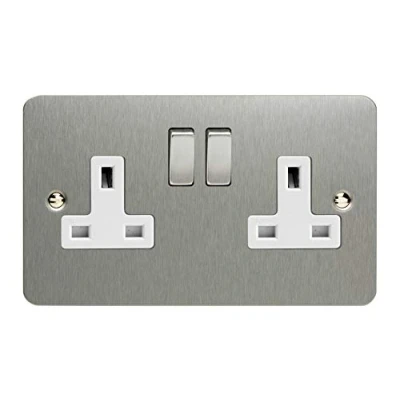 Image of XFS5DW Varilight Ultra Flat Plate Brushed Chrome Metal &amp; White Inserts 2 Gang 13Amp Plug Socket
