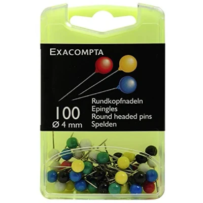Image of Exacompta Ref 14345E Round Head Push Pins (Pack of 100) 4mm Wifth x 15mm Height in Size Suitable for Pinboards or Corkboards Offices, Homes &amp; Businesses Assorted Colours