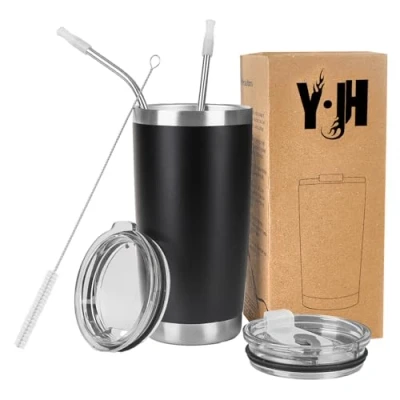 Image of Y·J&amp;H 20oz (550ml) Travel Tumbler Double Wall Vacuum Insulated Coffee Mug Stainless Steel Cup with 2 Splash Proof Lid, Straws &amp; Free Cleaning Brush, BPA Black