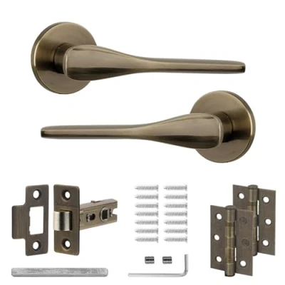 Image of Decoranddecor Antique Brass Door Handles Aluminium Handle Sets for Interior Doors Internal &amp; Fire Rated Tubular Mortice Latch and Hinge Verita Range