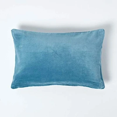 Image of HOMESCAPES Blue Velvet Cushion Cover Super Soft Cotton Luxury Scatter Rectangle Plain Accent Throw Pillow for Sofa and Bed Decoration with Hidden Zipper, 30 x 50 cm