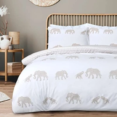 Image of Sleepdown Elephant Seersucker White Natural Reversible Duvet Cover Quilt Pillow Cases Bedding Set Soft Easy Care Double (200cm x 200cm