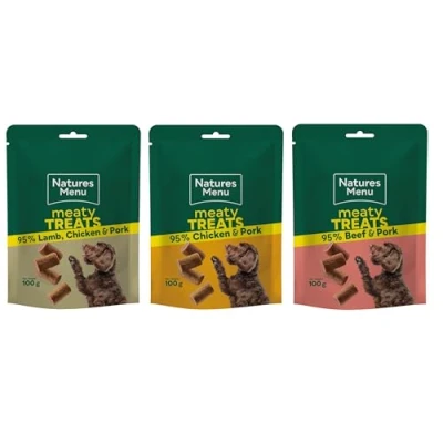 Image of 3 PACK MIXED VARIETY NATURES MENU REAL MEATY DOG TRAINING TREATS 120G VALUE BAGS