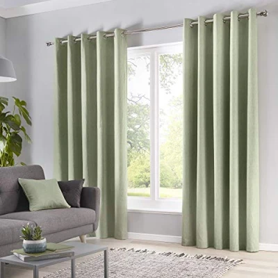 Image of Fusion Sorbonne 100% Cotton Eyelet Lined Curtains, Green, 66 x 72 Inch, Polycotton, W168cm (66&quot;) D183cm (72&quot;)