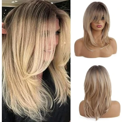 Image of Esmee 16 Inches Long Straight Blonde Layered Synthetic Hair Wigs for Women with Dark Roots Daily Party Use