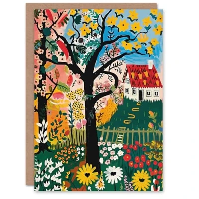Image of Artery8 Cottage House Garden Flowers Folk Art Painting Greeting Birthday Card Him Her All Blank