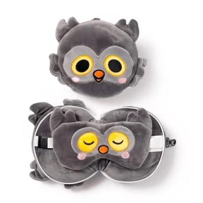 Image of Relaxeazzz Adoramals Winston the Owl Round Plush Travel Pillow &amp; Eye Mask Sleep Masks Kids Accessories For Sleeping Airplane Flight Plane Neck Pillows