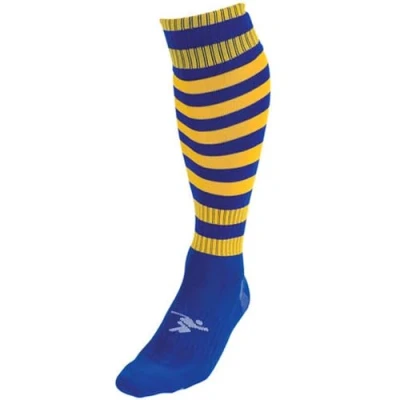 Image of JUNIOR Size 3 6 Hooped Stripe Football Socks ROYAL BLUE/YELLOW Contoured Ankle