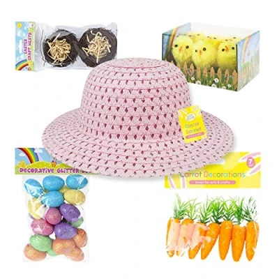 Image of AKH Kids Easter Bonnet Kit Set Make Your Own Hat Eggs Chicks Carrots Craft Nests with 32Pcs Decoration Supplies (Pink)