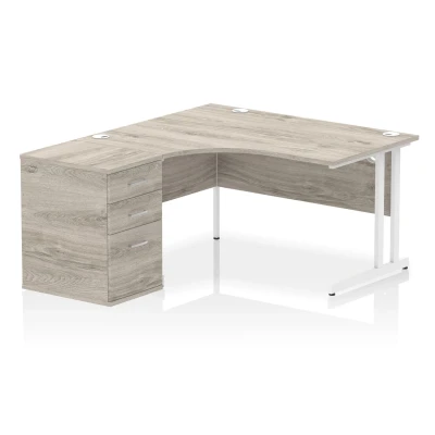 Image of Impulse 1400 LH Crescent Desk Grey Oak/White Cantilever Leg 600 DH Ped