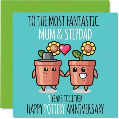 Image of Cute Pottery Anniversary Card for Mum &amp; Step Dad 9 Years Together Happy 9th Wedding Cards Mum, 145mm x Greeting Ninth Anniversaries