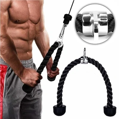 Image of ONEX Nylon Triceps Rope Twisted Pull Down with Non Slip Handles Biceps, Triceps, Gym or Home Black