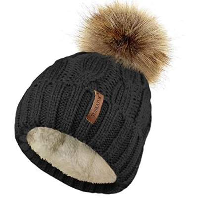 Image of TOSKATOK Ladies Chunky Soft Cable Knit Hat with Cosy Fleece Liner and Detachable Faux Fur Pompom Black