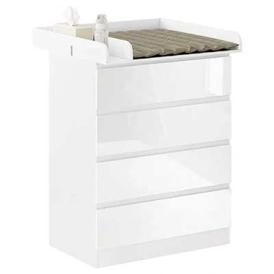 Image of WOLTU Baby Changing Unit with 4 Drawers, Table Cabinet Station, Infant Diaper Changer, Chest of Drawers Dresser for Bedroom Nursery, MDF+Chipboard, White+High Gloss White