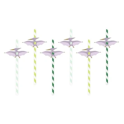 Image of 6 Pterodactyl Dinosaur Paper Straws, Birthday Party Tableware, Green Striped Childrens