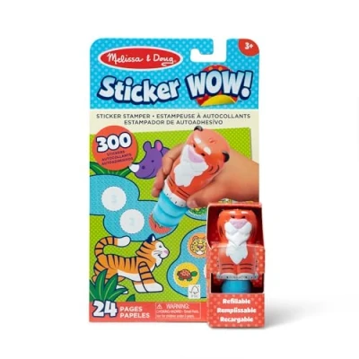 Image of Melissa &amp; Doug Sticker WOW Stamper and 24 Page Activity Pad, 300 Stickers, Arts Crafts Fidget Toy Collectible Character Tiger Creative Play Travel for Girls Boys 3 plus
