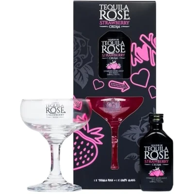 Image of Tequila Rose Liqueur Gifts for Women Miniature Alcohol Bottles Strawberry Cream 5cl with Coupe Glass Gift Set. Christmas Womem, Stocking Fillers, Birthday Mum