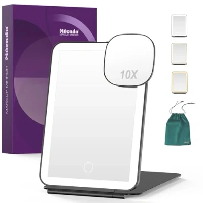 Image of LED Foldable Travel Makeup Mirror 5x7 inches 3 Colors Light Modes USB Rechargeable Touch Screen, Portable Tabletop Cosmetic for Travel, Cosmetic, Office (Black)