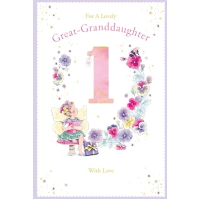 Image of Great Granddaughter 1st Birthday Card Age 1 Pansy Fairy 9&quot; x 6&quot; Lovely Verse