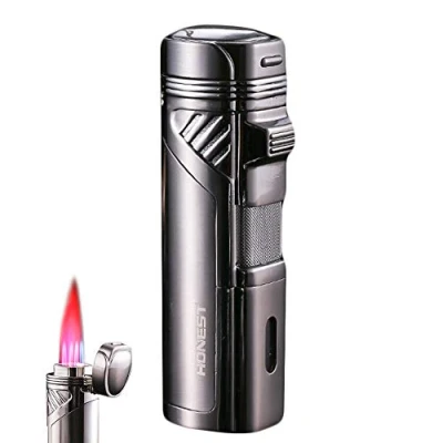 Image of Quadruple Torch Lighter Windproof Gas Luxury Texture 4 Turbo Flame Jet Cigarette with Hidden Cigar Cutter, No Gas,Black Nickel Brushed