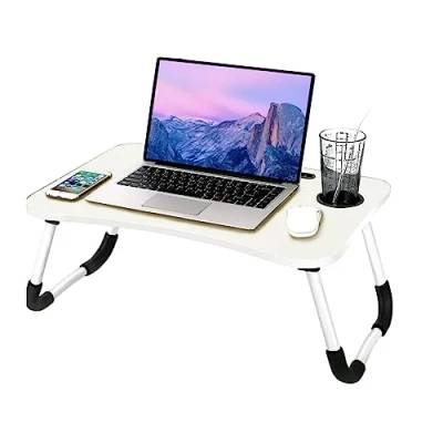 Image of NTEK Laptop Bed Table Lap Standing Desk Notebook Dorm with Foldable Legs &amp; Cup Slot Portable for Eating Breakfast, Reading, Watching Movie on Bed/sofa (WHITE)