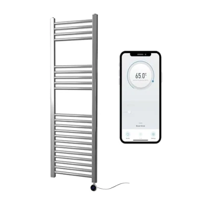 Image of Greened House Chrome Electric Smart WiFi Controlled Heated Towel Rail 400mm W x 1200mm H Flat 7 Day Programmable Timer App Compatibility