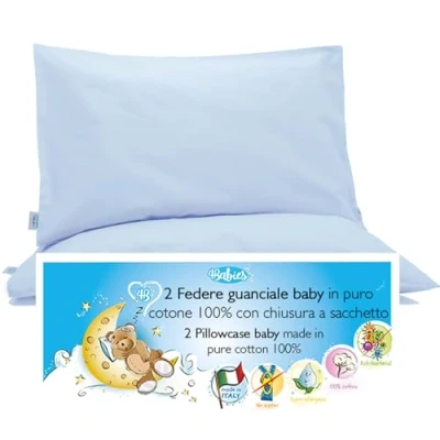 Image of 4BABIES Baby Toddler Pillowcase 50X30 cm Set of 2 Pillow Cases for cot and crib 100% PURE COTTON Made in Italy Envelope closure OEKO TEX Certified Children&#039;s bedding Azure