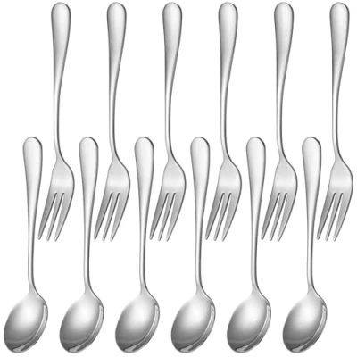 Image of Dessert Spoons Set Stainless Steel Including 6 Small Mini Forks for Fruits Tea Coffee (Stainless Steel)