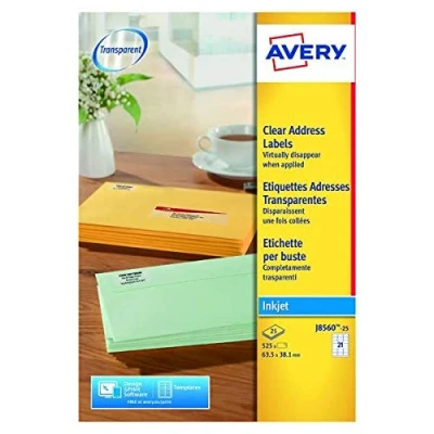 Image of Inkjet Address Labels 21 Per Sheet Clear (Pack of 525) J8560 25+ FINCHLEY Pen Free