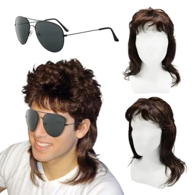 Image of XNIVUIS Men&#039;s Wig Brown Curly, Mens Mullet Wigs Blonde 70s 80s Cosplay Costume Wig, Wigs, Long Curly Men for Hippie Rocking Them Party (2 Pcs)
