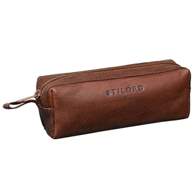 Image of STILORD &#039;Linus&#039; Pencil Case Leather Pen Pouch Office University College Women Men Stationary Vintage Leather, Colour:maraska Brown