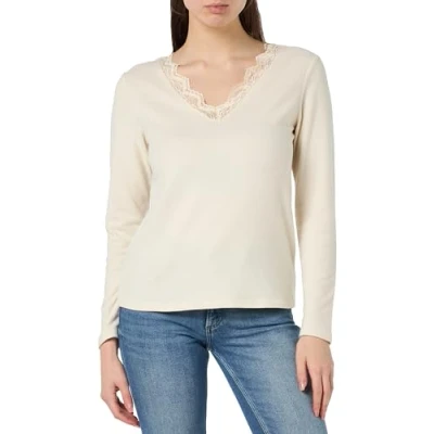 Image of Vila Women&#039;s Vibenia L/S V Neck Top/Ka Longsleeve T Shirt, Birch/Detail: Birch lace, M