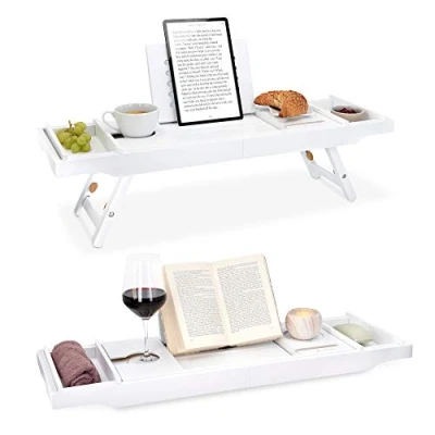 Image of Navaris Bed and Bath Tray Wooden Rack with Folding Legs Bamboo Bathtub Caddy Bridge Shelf Book or Tablet Stand White