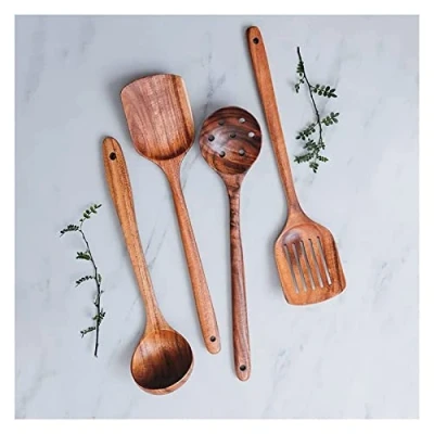 Image of Wooden Spoon Spatula Beech Wood Unpainted Cooking Kitchen Utensil Set