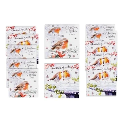 Image of Christmas Cards Pack of 12 Includes White Envelopes Inside Each with Festive Design Robins