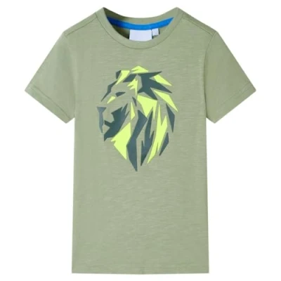 Image of vidaXL Kids&#039; T Shirt Soft Cotton, Short Sleeves, Light Khaki Jungle Themed Tee, Round Neck, Size 140, for Children Aged 9 10 Years