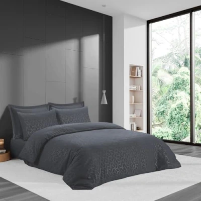 Image of LYMA Bedding Duvet Cover Set Single Geometric Embossed, OEKO TEX Certified, Ultra Soft NanoPlush Double Brushed Quick Dry &amp; Button Closure, Wrinkle Fade Resistant Quilt Pillowcase (Dark Grey)