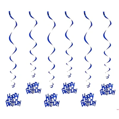 Image of Quirki Happy Birthday Hanging Party Decorations (6 pcs) Swirl Spiral Foil Streamers (Blue)