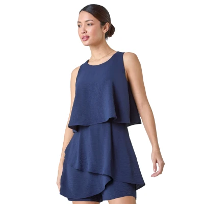 Image of Roman Originals Textured Plain Tiered Playsuit for Women UK Ladies Everyday Holiday Spring Summer Round Neckline Comfy Soft Evening Vacation Work Party Navy Size 18