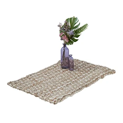 Image of Jute Rug, 60 x 90 cm, Handwoven Mat, Natural Fibres, Hallway Runner, Living Room, Kitchen, Beige/Cream Relaxdays