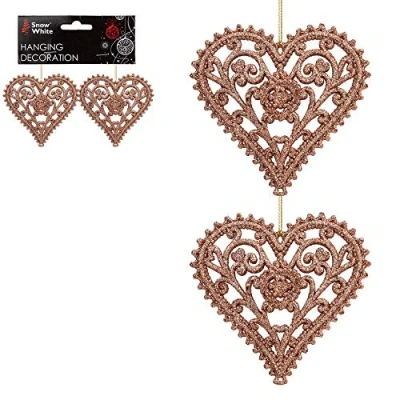 Image of PMS Glitter Collection Christmas Tree Decoration 2 Pk Heart Rose Gold