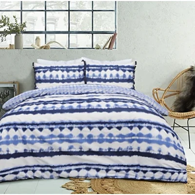 Image of Sleepdown Tie Dye Geo Blue White Reversible Duvet Cover Quilt Tassel Pillow Case Bedding Set Soft Easy Care Single (135cm x 200cm)