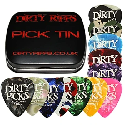 Image of 12 x Dirty Picks Guitar Medium 0.71mm Premium Celluloid Picks/Guitar Plectrums In A Riffs Handy Pick Tin 1 Of Each Colour