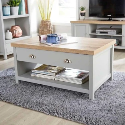 Image of Home Source Avon Coffee 2 Drawer Dark Grey Oak Occasional Reception Table Metal Handles, MDF