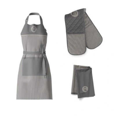 Image of MasterChef Cotton Textiles Kitchen Gift Set, Includes Chef Apron, Double Oven Glove &amp; Pack of 2 Tea Towels, All Items Feature Official Show Logo, Fully Machine Washable, Unisex, Earth Collection